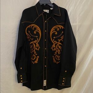 Panhandle Slim Embroidered Pearl Snap Western Shirt Black gold Rope Piping large